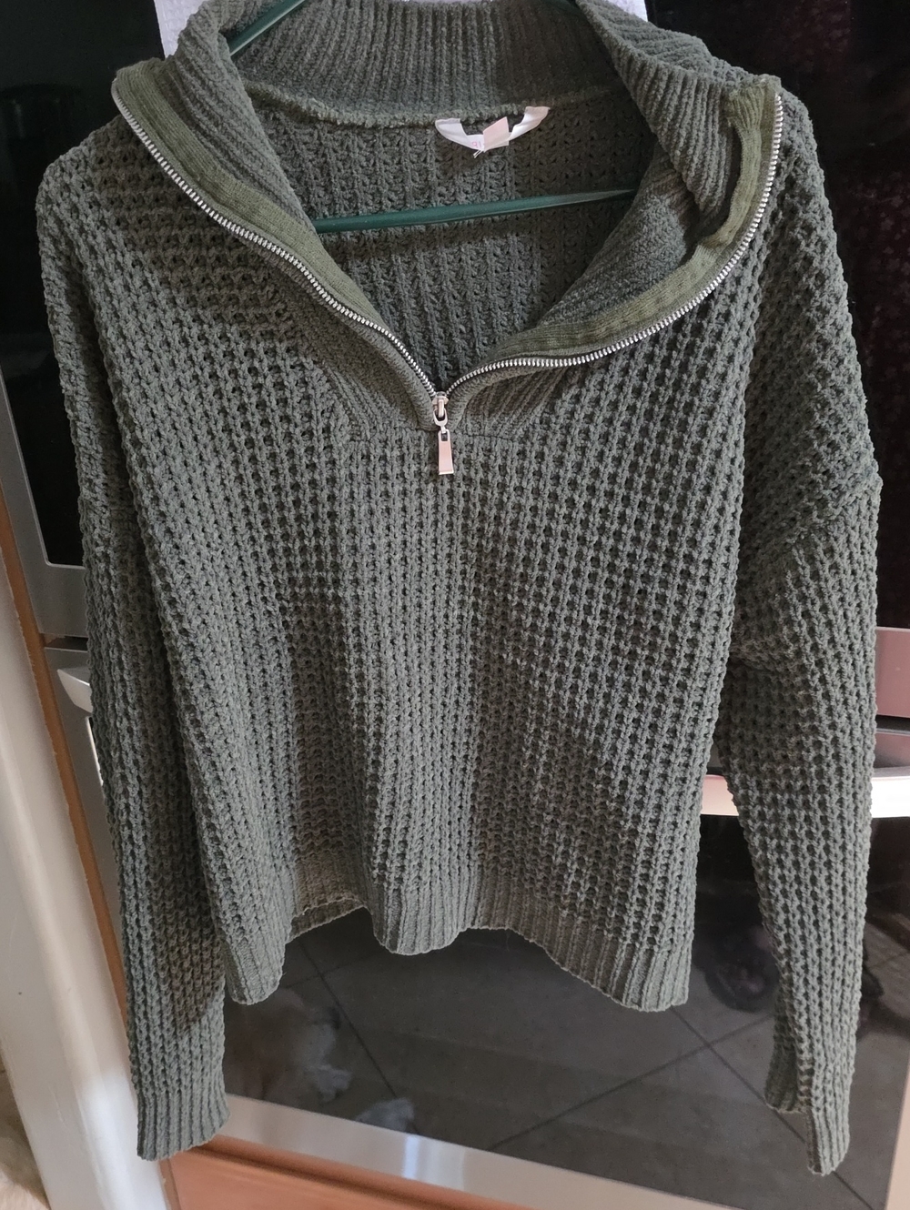 No Boundaries Olive Green Waffle Knit Half-Zip Sweater